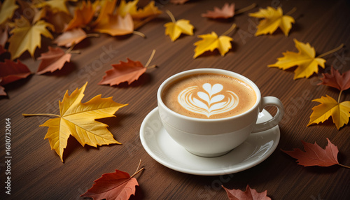 Cappuccino with autumn leaf pattern latte art on wooden table, cozy fall atmosphere