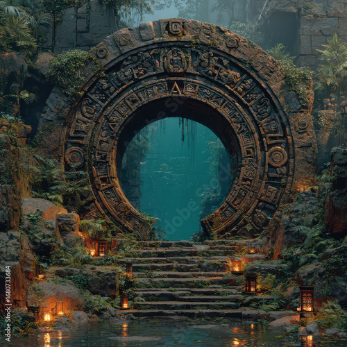 ancient jungle ruins, a massive stone ring portal with intricate Mayan/Aztec glyphs, glowing teal from 