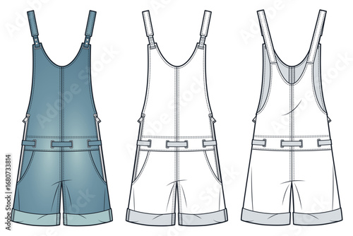 Overall Shorts with Rolled Hem Technical Fashion Illustration. Dungaree Shorts fashion technical drawing template, side zippers, front back view, white, vintage blue, women, men, unisex CAD mockup.
