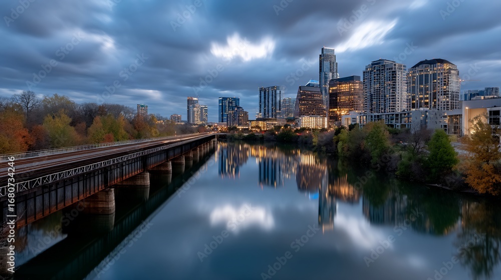 Naklejka premium City skyline reflected in calm river at dawn, old railway bridge in foreground