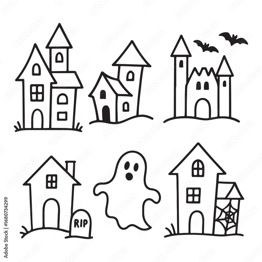 Fototapeta premium Spooky Halloween Houses and Ghost.