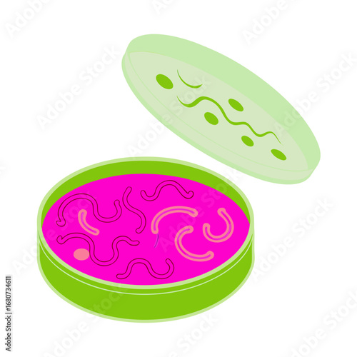 Colorful petri dish with pink bacteria and green lid open  