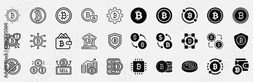 Modern Bitcoin and Crypto Icon Pack Including Mining, Wallets, Blockchain Networks, and Digital Currency Transaction Symbols