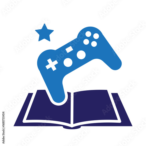 Symbol of interactive storytelling and gamified learning, featuring a blue video game controller emerging from an open book with a star