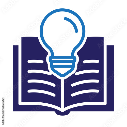 Symbol of innovation and education, a blue icon of a lightbulb emerging from an open book for creative concepts and learning