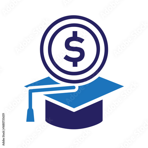 Concept of investing in education with a graduation cap and dollar coin, representing tuition fees, student loans, and scholarships