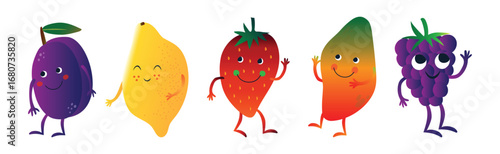 Different Cute Fruit Character with Smiling Face Vector Set