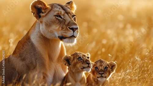 A lioness sits proudly in tall golden grass, her playful cubs by her side, basking in the warm glow of sunset. The scene captures the essence of life in the wild.