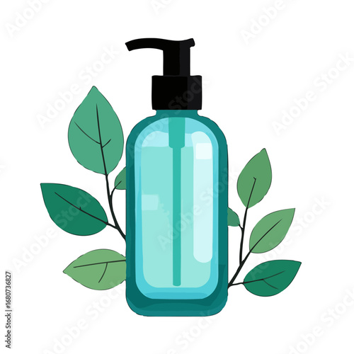 Illustration of a cosmetic bottle with leaves for beauty and wellness products