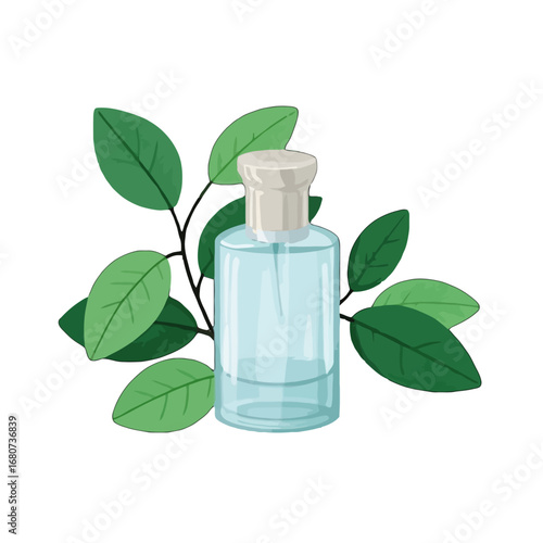 Illustration of a perfume bottle with leaves for beauty and wellness products