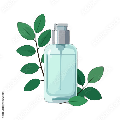 Illustration of a perfume bottle with leaves for beauty and wellness products