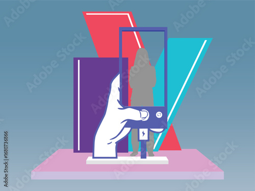 3d photo booth wall of fame hand holding phone cutting digital futuristic decor design syle with blank space logo company for preview event exhibition. Vector editable sketch outline drawing coloring.