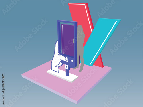 3d photo booth wall of fame hand holding phone cutting digital futuristic decor design syle with blank space logo company for preview event exhibition. Vector editable sketch outline drawing coloring.