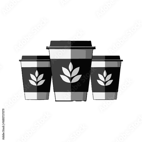 Vector art of three takeaway coffee cups with leaf logo