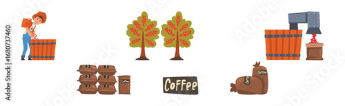 Coffee Production with Man Farmer Harvest Vector Set