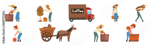 Coffee Production with Man and Woman Farmer Harvest Vector Set