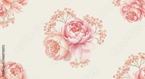 Watercolor Peony and Babys Breath Floral Arrangement on Cream Background.