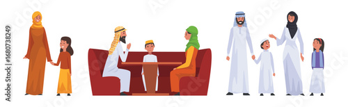 Arabic Family with Parent and Kid in National Clothes Vector Set