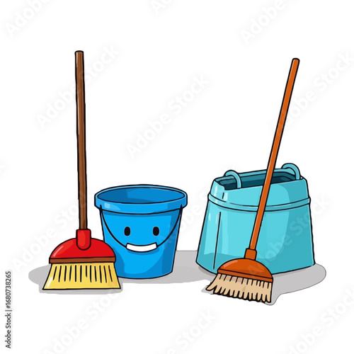 Vector art of cartoon cleaning tools with bucket and broom for housework and domestic chores