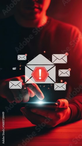 An email warning alert notification security smartphone hand digital technology communication cyber internet inbox message risk danger spam phishing online data privacy mobile touchscreen red glowing