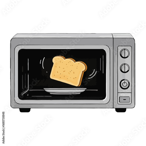 Illustration of a silver microwave oven with a slice of toast inside