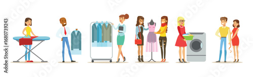 Dry Cleaning and Laundry Service with People Character Vector Set