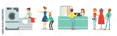 Dry Cleaning and Laundry Service with People Character Vector Set