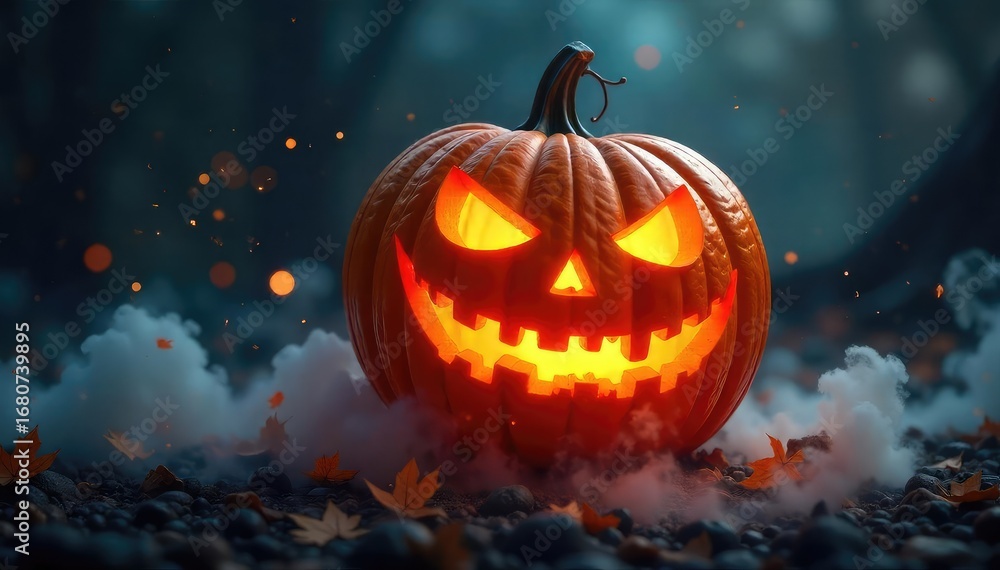 Fototapeta premium A glowing, otherworldly pumpkin levitates amidst swirling, ethereal mist Intricate carvings glow with an eerie, inner light Perfect for Halloween or fantasy themes , light, dark