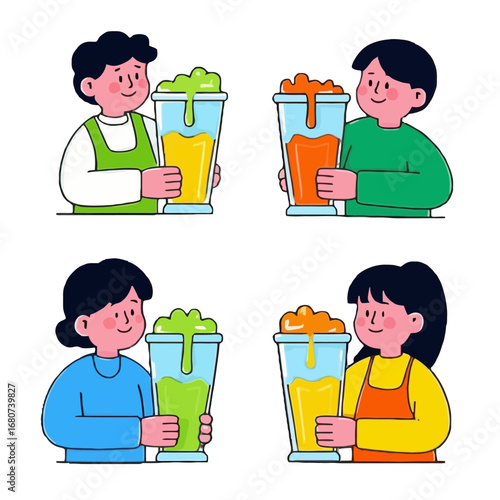 Vector art of group of four young people holding colorful smoothie