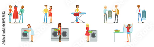 Dry Cleaning and Laundry Service with People Character Vector Set