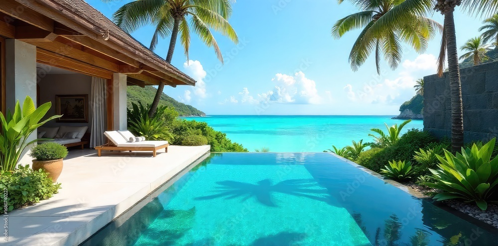Fototapeta premium A lavish private villa overlooking a turquoise ocean, complete with infinity pool and lush tropical gardens, epitomizes ultimate relaxation and escape , holiday, high-end, palm trees