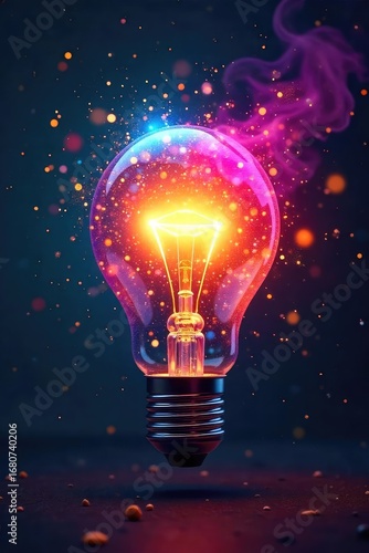 A lightbulb bursts with vibrant colors, radiating innovative energy and creative sparks, signifying a brilliant new idea taking flight , success, imagination, opportunity