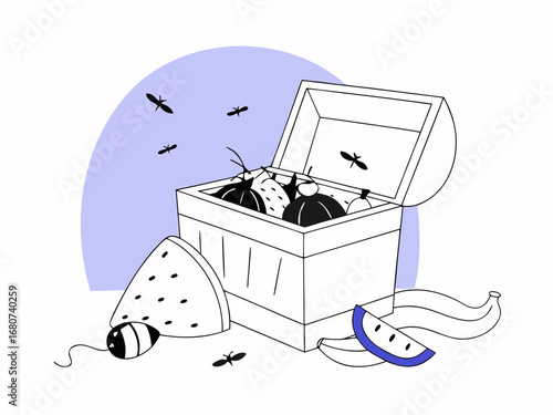 Open treasure chest filled with fruits and flies vector