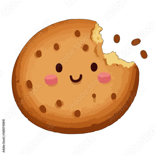 Vector art of cute bitten cookie character with a happy face and rosy cheeks