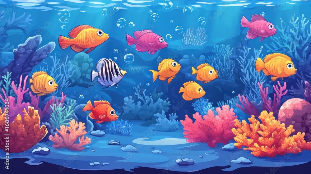 Naklejka premium Underwater scene with colorful fish and coral reefs