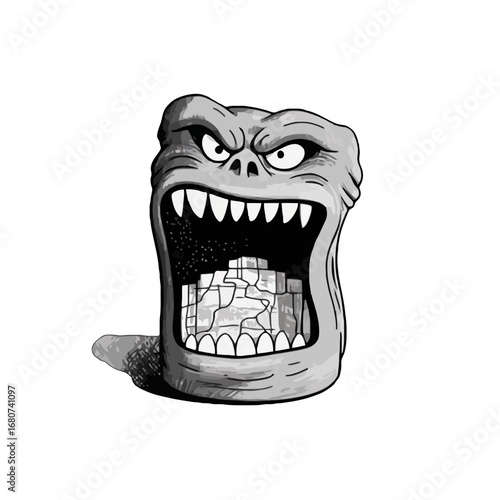 Vector art of cartoon monster head with city buildings in its mouth