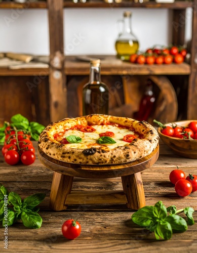 Delicious pizza on a wooden stand