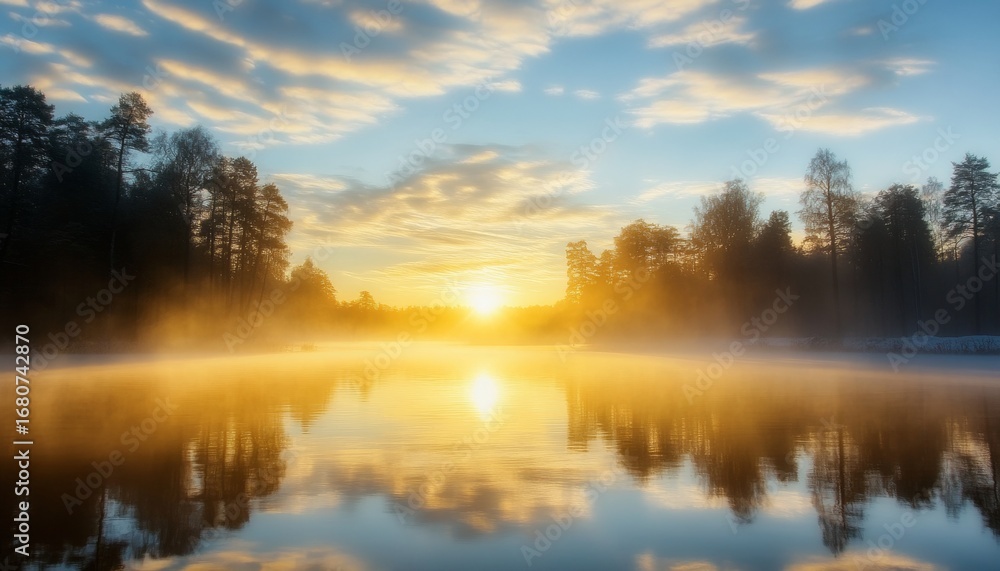 Fototapeta premium Serene Early Morning Lake Landscape with Mist, Golden Sunlight, and Majestic Cloud Reflections