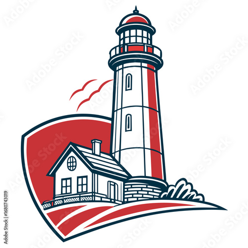 Vector art of lighthouse with house on the coast, a beacon of light and safety