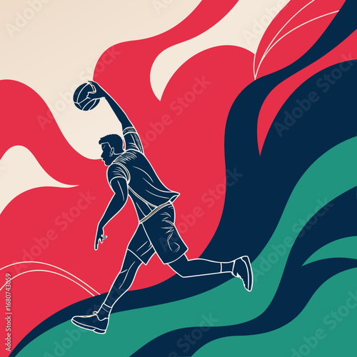Vector art of dynamic illustration of a basketball player performing a slam dunk, showcasing energy, skill, and athletic prowess