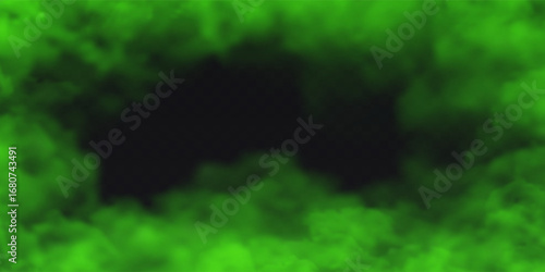 Frame border green fog effect on transparent dark background. Vector smoke cloud.