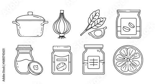 Various cooking ingredients and supplies are illustrated. Cooking, kitchen, food preparation, recipes, culinary arts, gastronomy, herbs, spices