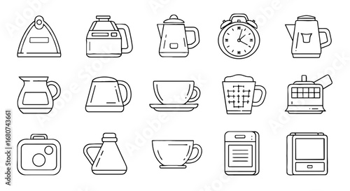 Icons of household objects are on display. Home appliances, kitchenware, houseware, utensils, clock, mug, teapot, cup, kitchen