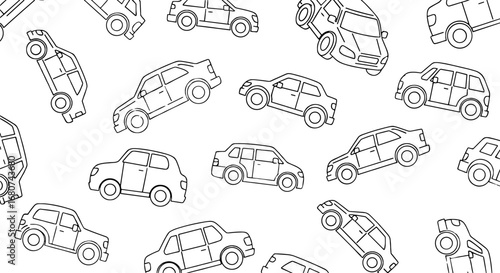 Cars scattered across surface in seamless pattern. Transportation, vehicle, automotive, road, automobile, design, pattern, background, print