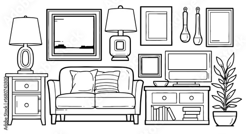Living room interior with furniture illustration.  Home decor, couch, tv, lamp, picture frames, plant, design, comfort, interior, outline, line drawing.