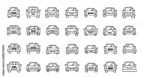 Cars are shown in rows, facing forward. Automobile design, transportation, icon, auto, vehicle, traffic, drive, road, front, outline, symbol.