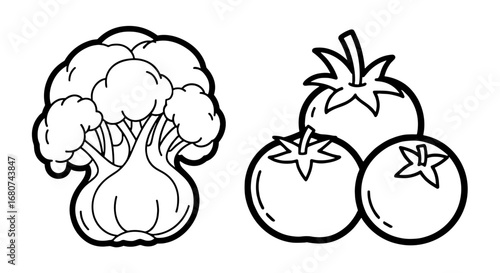 Black and white image of broccoli and tomatoes. Line art drawing, vegetables, produce, healthy eating, vegan, vegetarian, organic, fresh, diet, nutrition, raw.