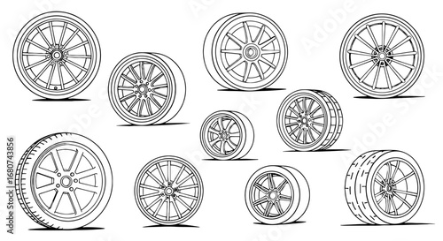 Collection of stylized car wheels for design. Automotive rims, vehicle, tires, transportation.