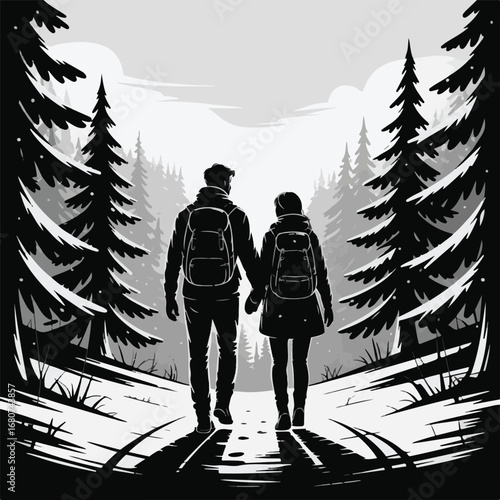 Couple hiking in winter forest