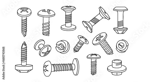 Screws of different types displayed in a group. Fasteners, hardware, construction, tools, fixings, carpentry, engineering, repair, equipment.